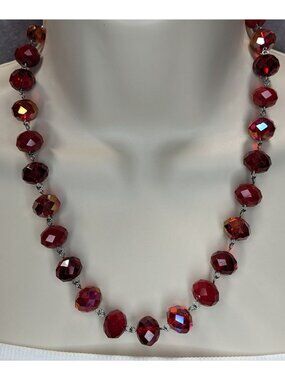Vintage Art Deco Czech Glass Goth Glam Ruby Red AB Faceted Beaded Necklace State